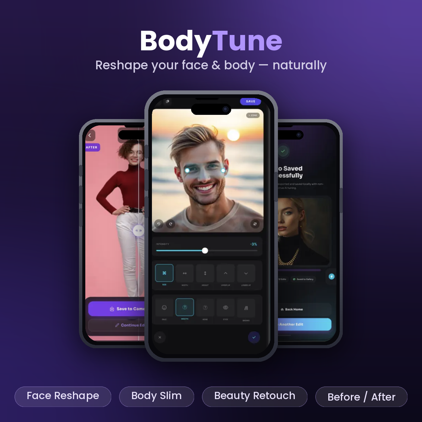 BodyTune: Face & Body Editor — BodyTune: Face & Body Editor with realistic face retouching, body reshaping, beauty filters, and premium photo enhancement tools.
