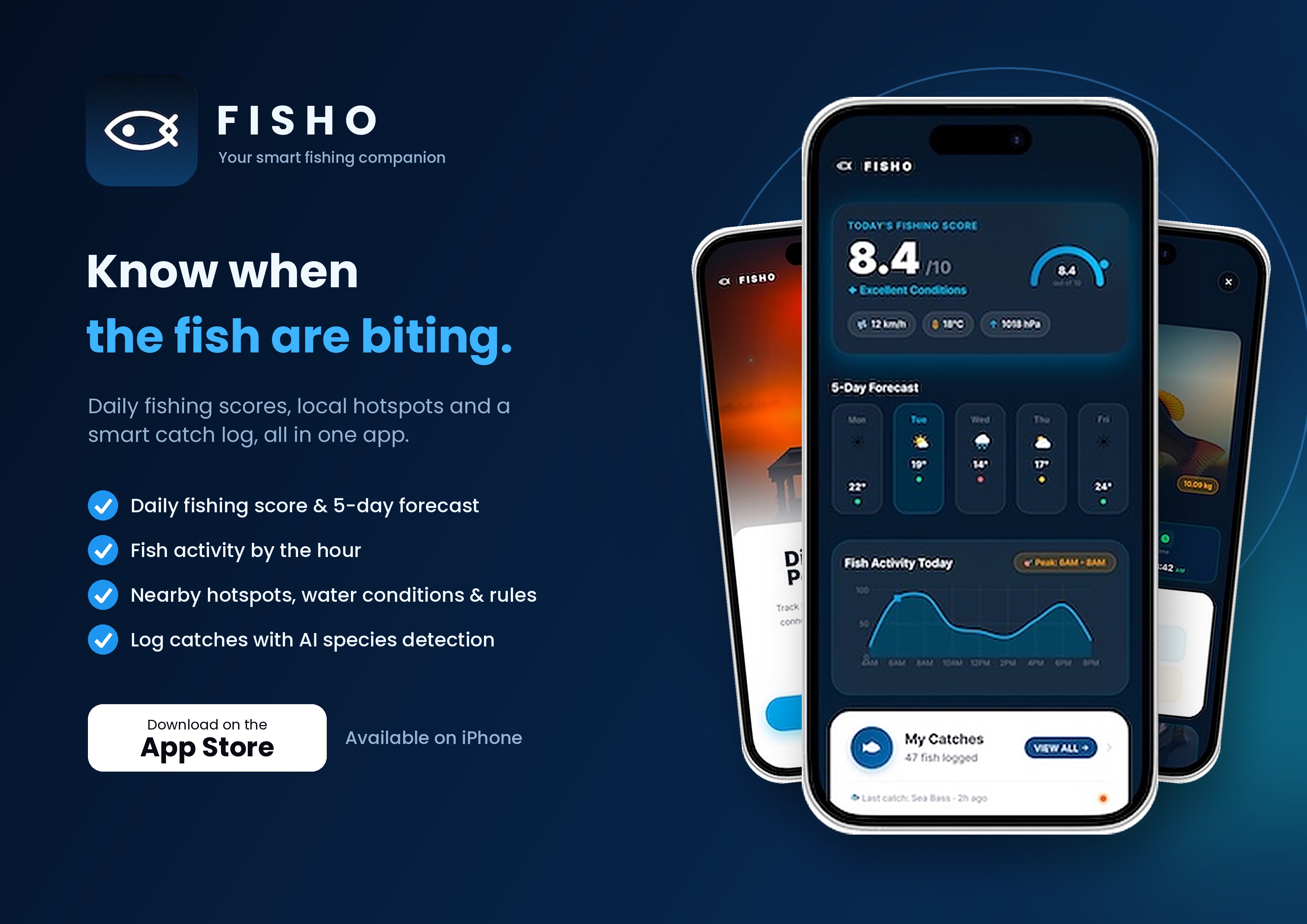 FISHO | Fishing Radar — Your pocket fishing guide. Discover the best fishing times, identify fish instantly with AI, track catches, and build your personal fishing library.