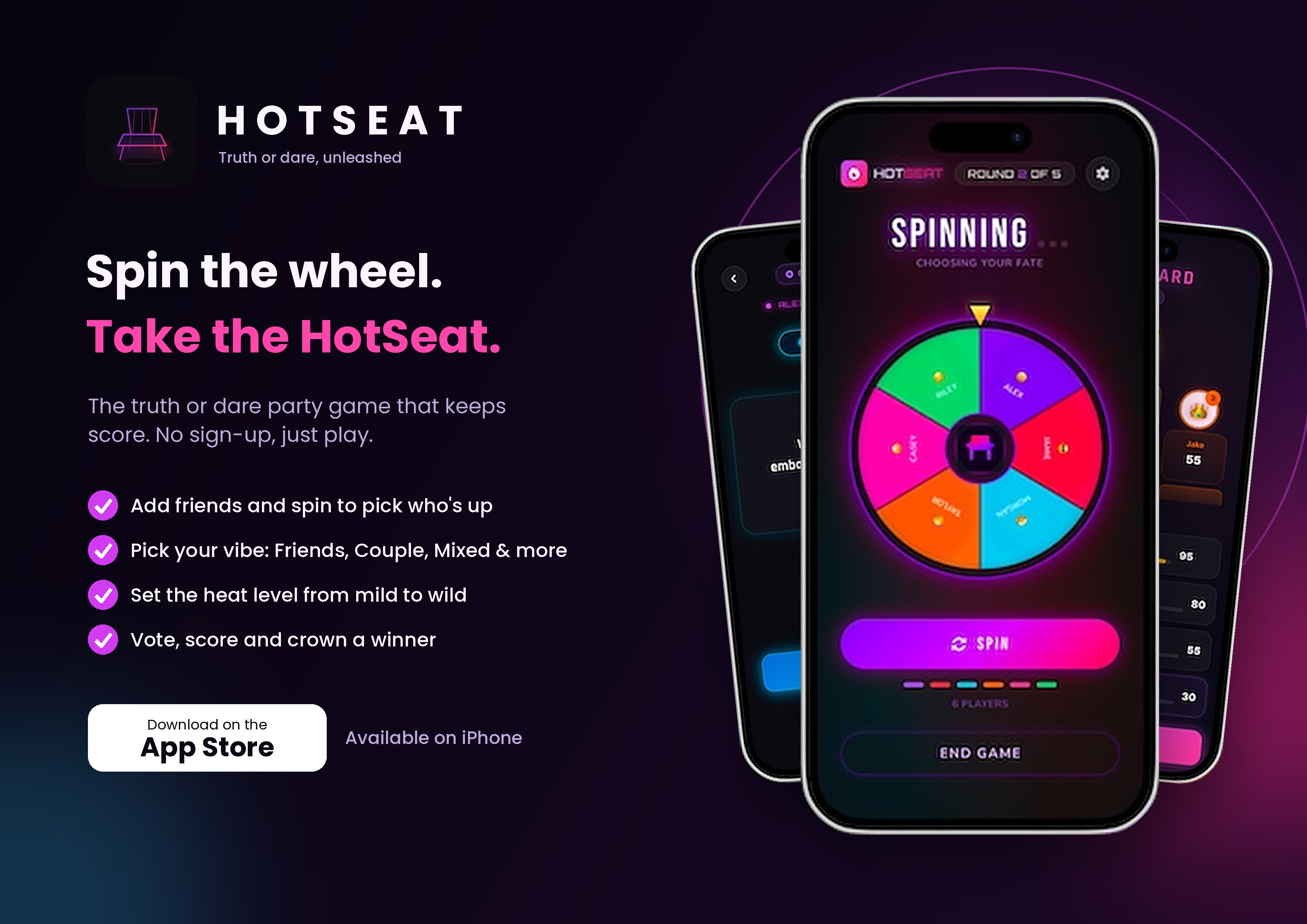 HotSeat | Truth or Dare — Bring friends together with questions, challenges, camera activities, and interactive group gameplay. Perfect for parties, game nights, road trips.