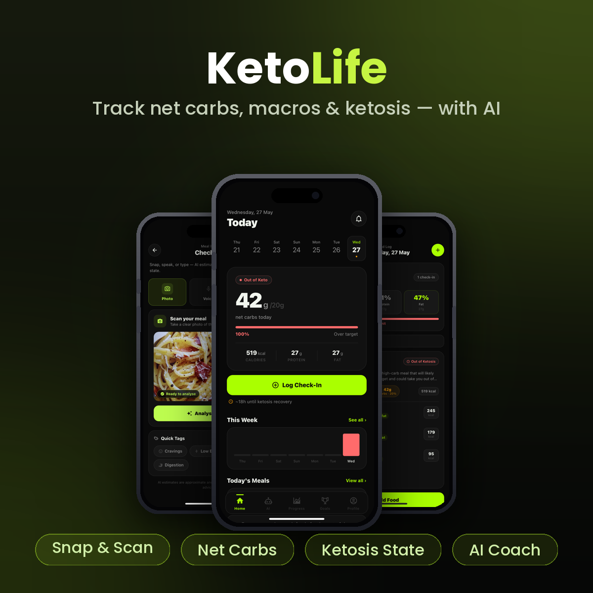 KetoLife: AI Keto Diet Tracker — iOS app that helps users track their ketogenic diet with macro check-ins, AI coaching, progress insights, challenges, and personalized keto plans.