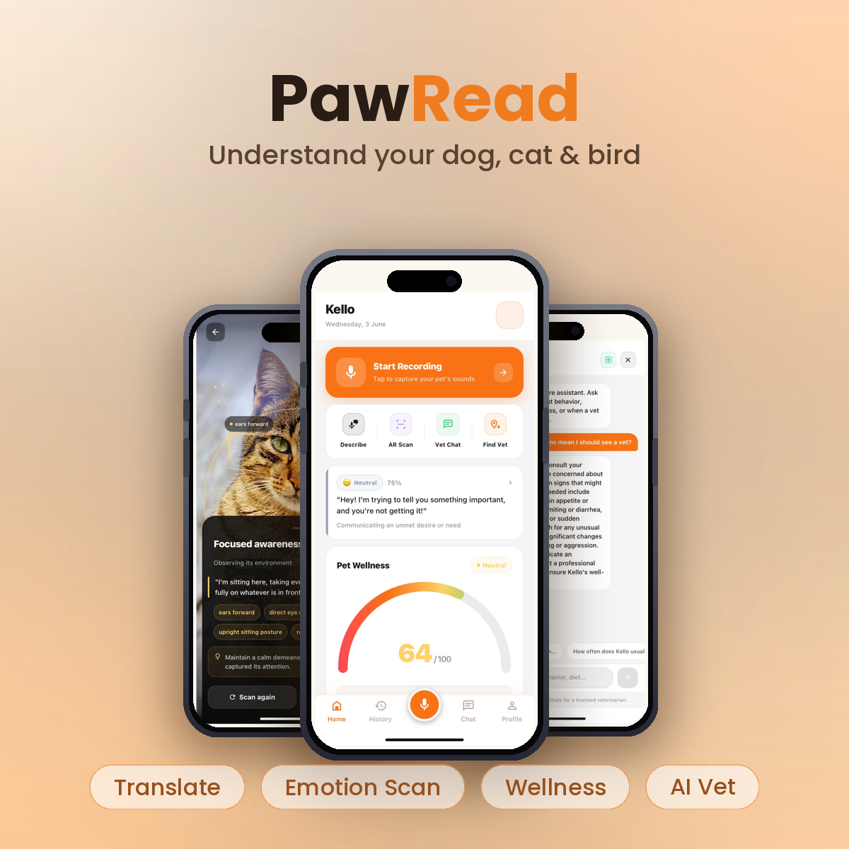 Pawread: AI Pet Translator — Pawread uses AI to translate dog barks, cat meows, and bird chirps into plain English, helping pet owners better understand their pets.