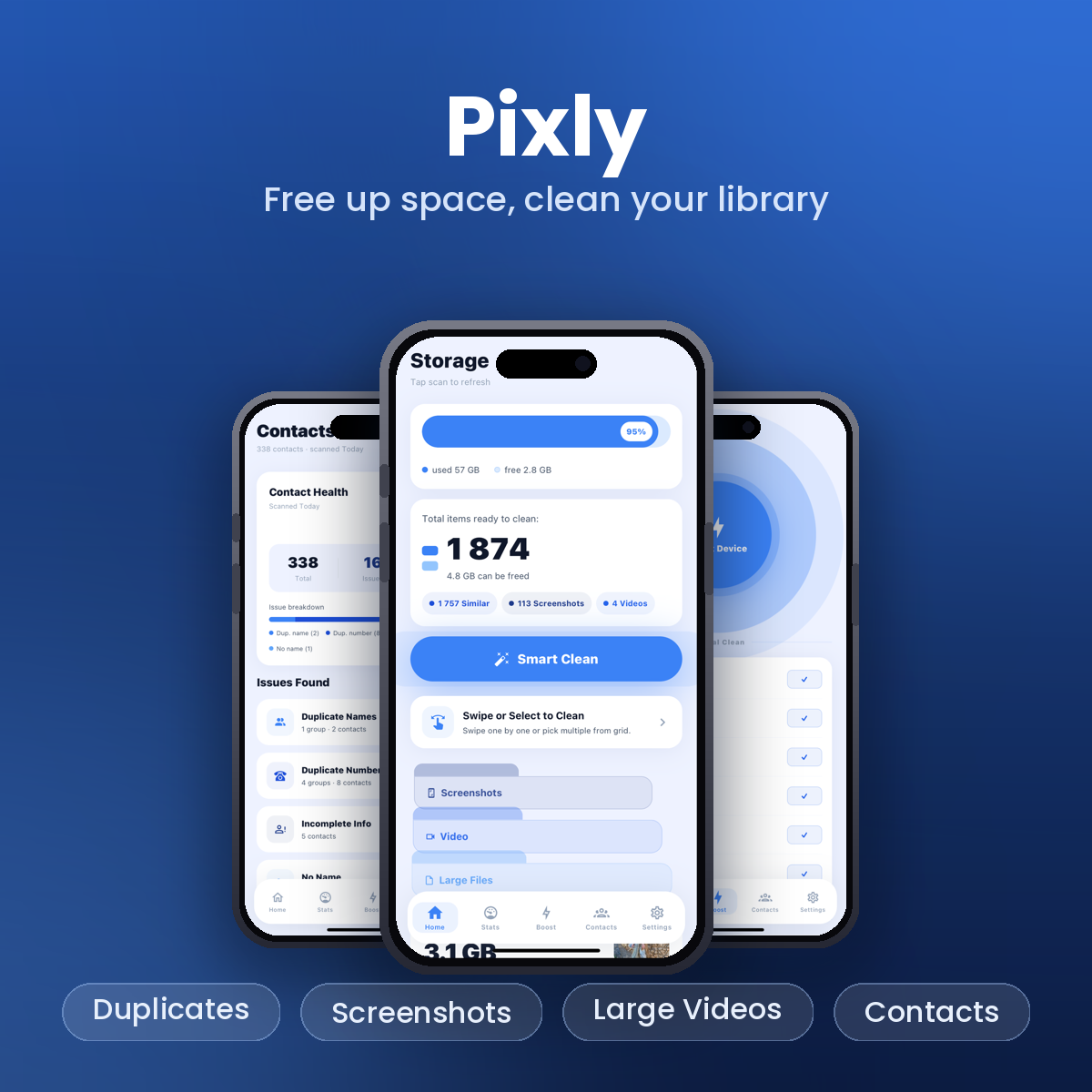 Pixly – Storage Cleaner — Pixly helps you free up storage by finding duplicate photos, screenshots, large videos, and contact duplicates, with easy one-tap cleanup tools.