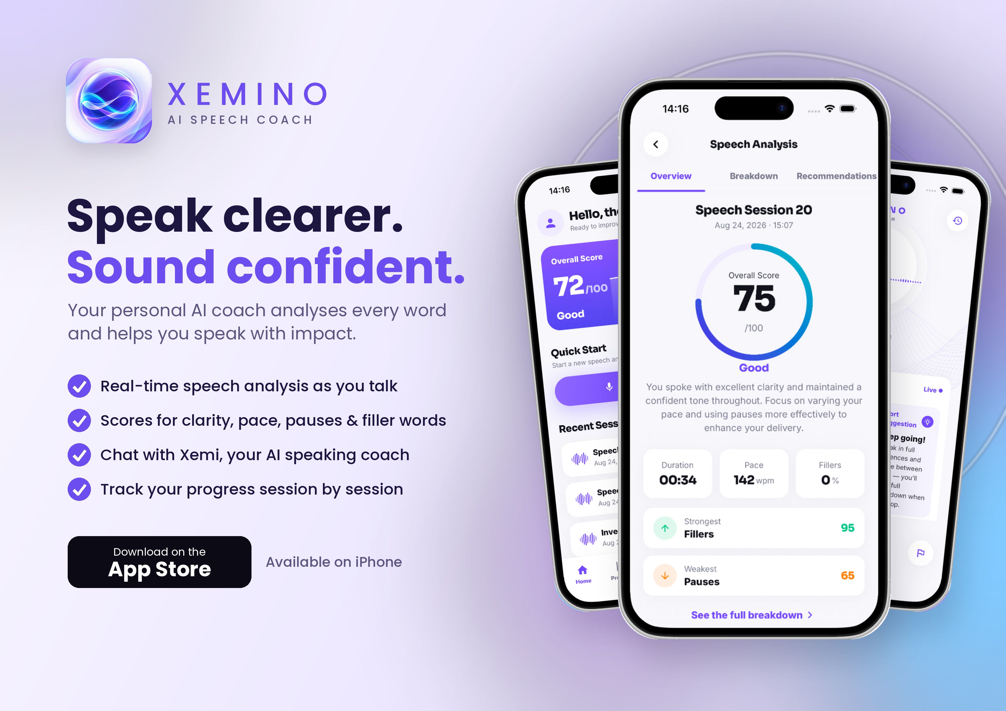 Speech Analysis | XEMINO — Speak naturally while XEMINO analyzes your clarity, pace, pauses, filler words and confidence in real time — with short, personalized tips to help you improve.