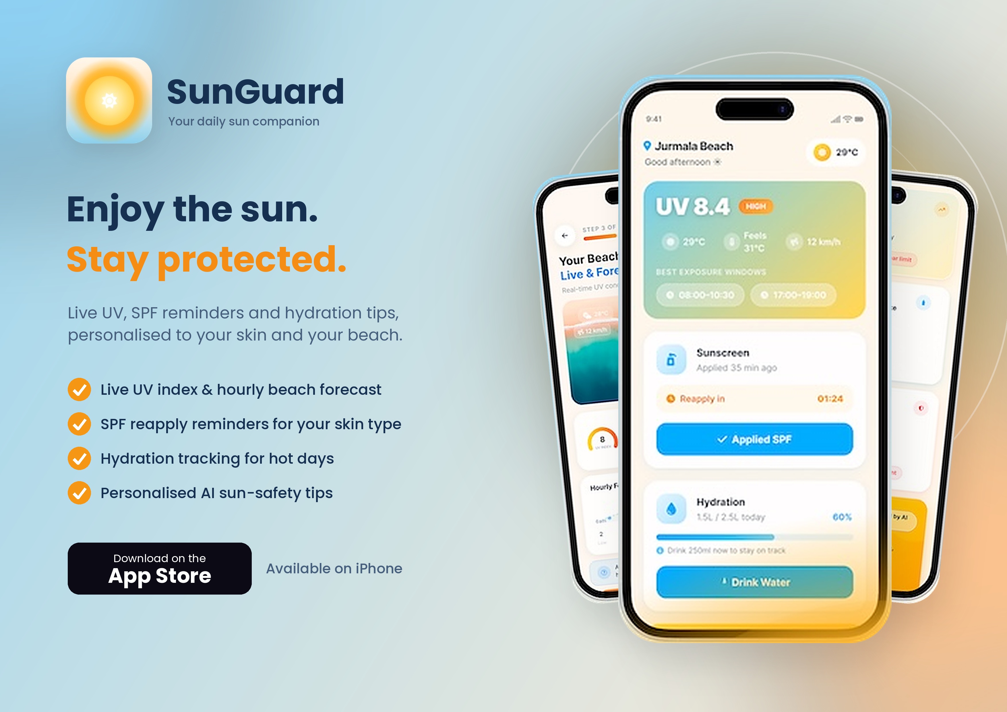 SunGuard | Beach UV — Stay protected under the sun with real-time UV monitoring, sunscreen reminders, hydration tracking, and recommendations based on your skin type and local weather.